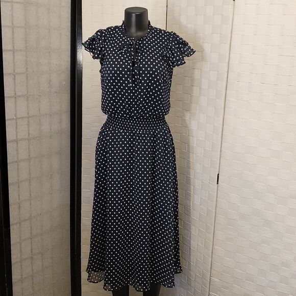 BRAND NEW MSK POLKA-DOT MIDI FIT &FLARE SCUBA NECK CHIFFON DRESS - Picture 2 of 16